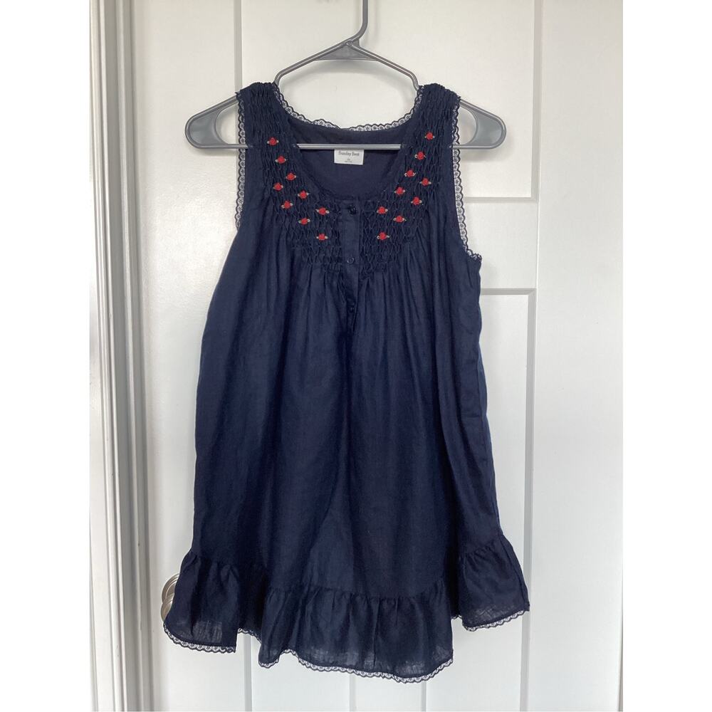 Aritzia Sunday Best Karina Linen Smocked Babydoll Dress XS navy blue lace rose - Picture 3 of 14